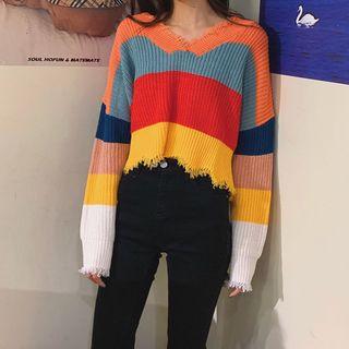 Distressed Cropped Long-sleeve Knit Top As Shown In Figure - One Size