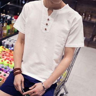 Plain Split-neck Short-sleeve T-shirt