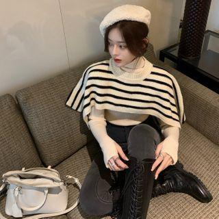 Long-sleeve Turtle Neck Knit Top / Striped Scarf