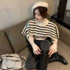 Long-sleeve Turtle Neck Knit Top / Striped Scarf