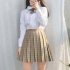 Set: Long-sleeve Shirt + Plaid Mini A-line Pleated Skirt + Bow