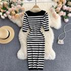 Short-sleeve Striped Knit Sheath Dress Black - One Size