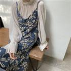 Mock-neck Lantern-sleeve Blouse / Flower Print Spaghetti Strap Midi Dress