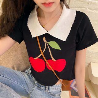 Cherry Print Short-sleeve Knit Top / Cropped Boot-cut Jeans