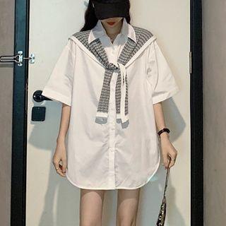 Elbow-sleeve Shirt / Striped Cape