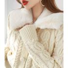 Furry-collar Cable-knit Cardigan Ivory - One Size