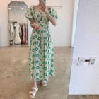 Short-sleeve Floral Print Midi A-line Dress Green & Beige - One Size