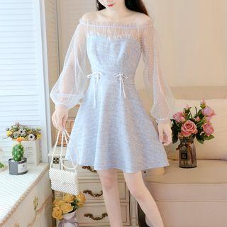 Off-shoulder Mesh-panel Lace-up Dress