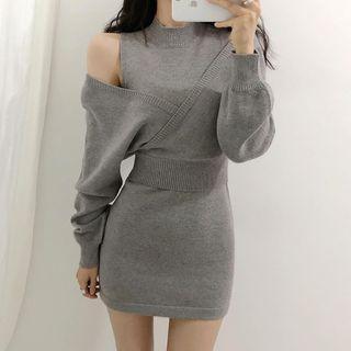 Set: Sleeveless Mini Dress + Knit Top Light Gray - One Size