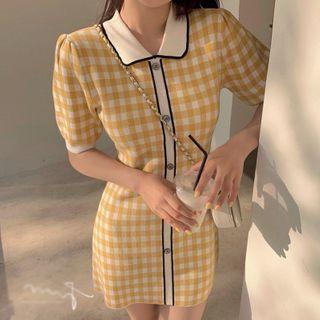 Collared Plaid Puff-sleeve Mini Sheath Dress / Cropped Top