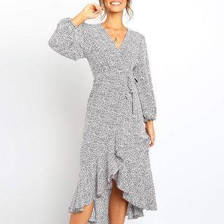 Long-sleeve Floral Print Ruffled Tie-waist Midi A-line Dress
