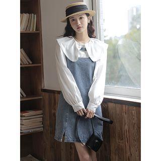 Denim Mini Overall Dress / Plain Blouse