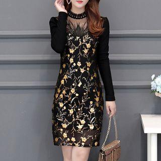 Stand Collar Long-sleeve Lace Sheath Dress (various Designs)