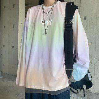 Long-sleeve Lettering Print Gradient Mesh Overlay T-shirt