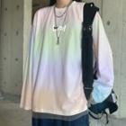Long-sleeve Lettering Print Gradient Mesh Overlay T-shirt