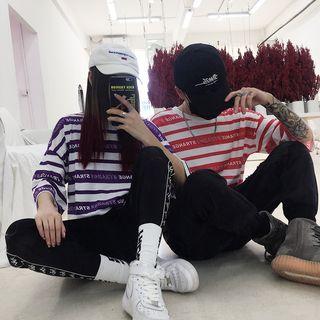 Couple Matching Lettering Striped Short-sleeve T-shirt