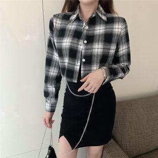 Long-sleeve Cropped Plaid Shirt / Mini Bodycon Tank Dress