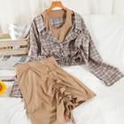Set: Long-sleeve Mock Two-piece Plaid Crop Top + Drawstring Mini Skirt