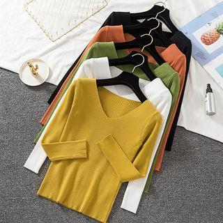 Plain Long-sleeve Ribbed Knit Top