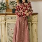 Set: Long-sleeve Floral Blouse + Midi Plaid A-line Skirt