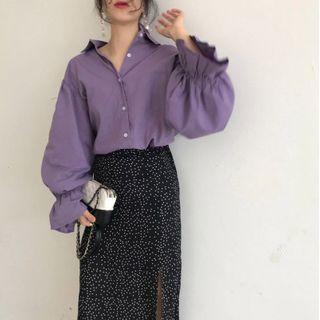 Plain Ruffle Shirt Purple - One Size