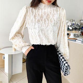 Mockneck Bishop-sleeve Laced Velvet Blouse