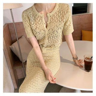 Set: Short-sleeve Pointelle Knit Top + Midi A-line Skirt