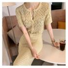 Set: Short-sleeve Pointelle Knit Top + Midi A-line Skirt