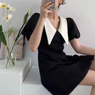 Puff-sleeve Two-tone Collared Dress