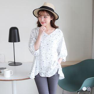 Elbow Sleeve Floral Frilled Trim Top