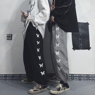 Butterfly-print Drawstring Hem Straight-cut Pants