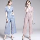 Short-sleeve Lace Cropped Wide-leg Jumpsuit