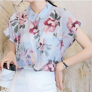 Flower Print Cap-sleeve Chiffon Blouse