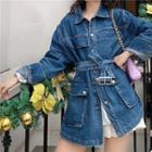 Plain V-neck Loose-fit Single-breasted Long-sleeve Denim Jacket