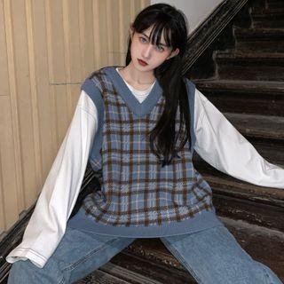 Plaid Sweater Vest Blue - One Size