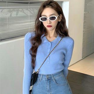 Long-sleeve Polo Ribbed Knit Top