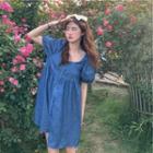 Short-sleeve Lace Trim Dress Blue & White - One Size