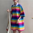 Rainbow-stripe Short-sleeve Oversize T-shirt Dress As Shown In Figure - One Size