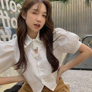 Puff-sleeve Heart Cutout Blouse / Pleated A-line Skirt