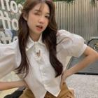 Puff-sleeve Heart Cutout Blouse / Pleated A-line Skirt