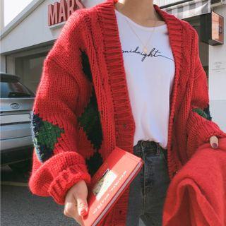 Diamond Patterned Cable-knit Button Cardigan Red - One Size