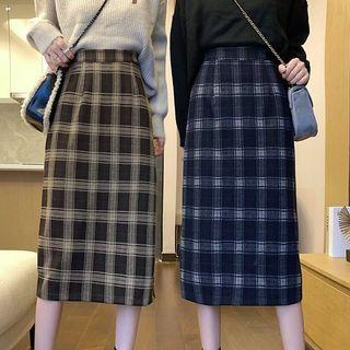 Plaid High-waist Split A-line Skirt