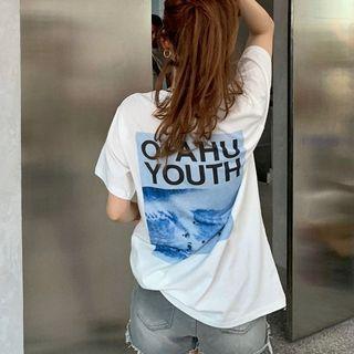 Elbow-sleeve Printed T-shirt Tee - One Size
