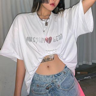 Elbow-sleeve Heart Embellished T-shirt