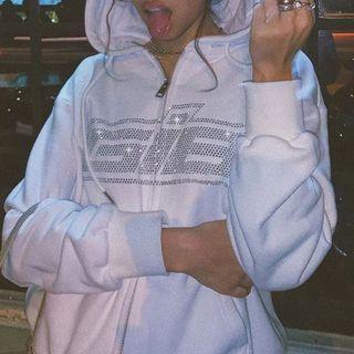 Rhinestone Lettering Zip Hoodie