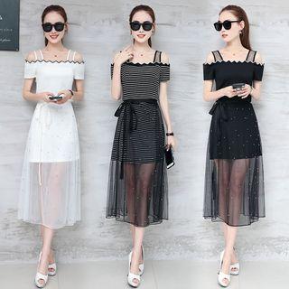 Set: Cold Shoulder Short-sleeve Dress + Embellished Mesh Midi Skirt