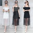 Set: Cold Shoulder Short-sleeve Dress + Embellished Mesh Midi Skirt