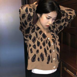 V-neck Leopard Knit Cardigan Cargian - As Figure - One Size