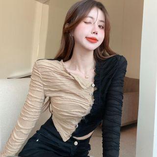 Long-sleeve Two-tone Crinkled Crop Top Black & Coffee - One Size
