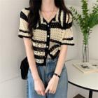 Short-sleeve Cut-out Striped Knit Top Stripes - One Size